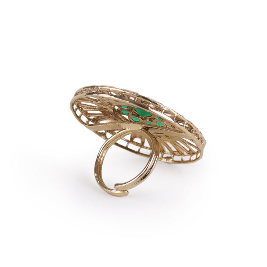 Saloni Fashion Jewellery Round Design Green and Grey Stone Gold Plated Brass Adjustable Finger Ring For Women