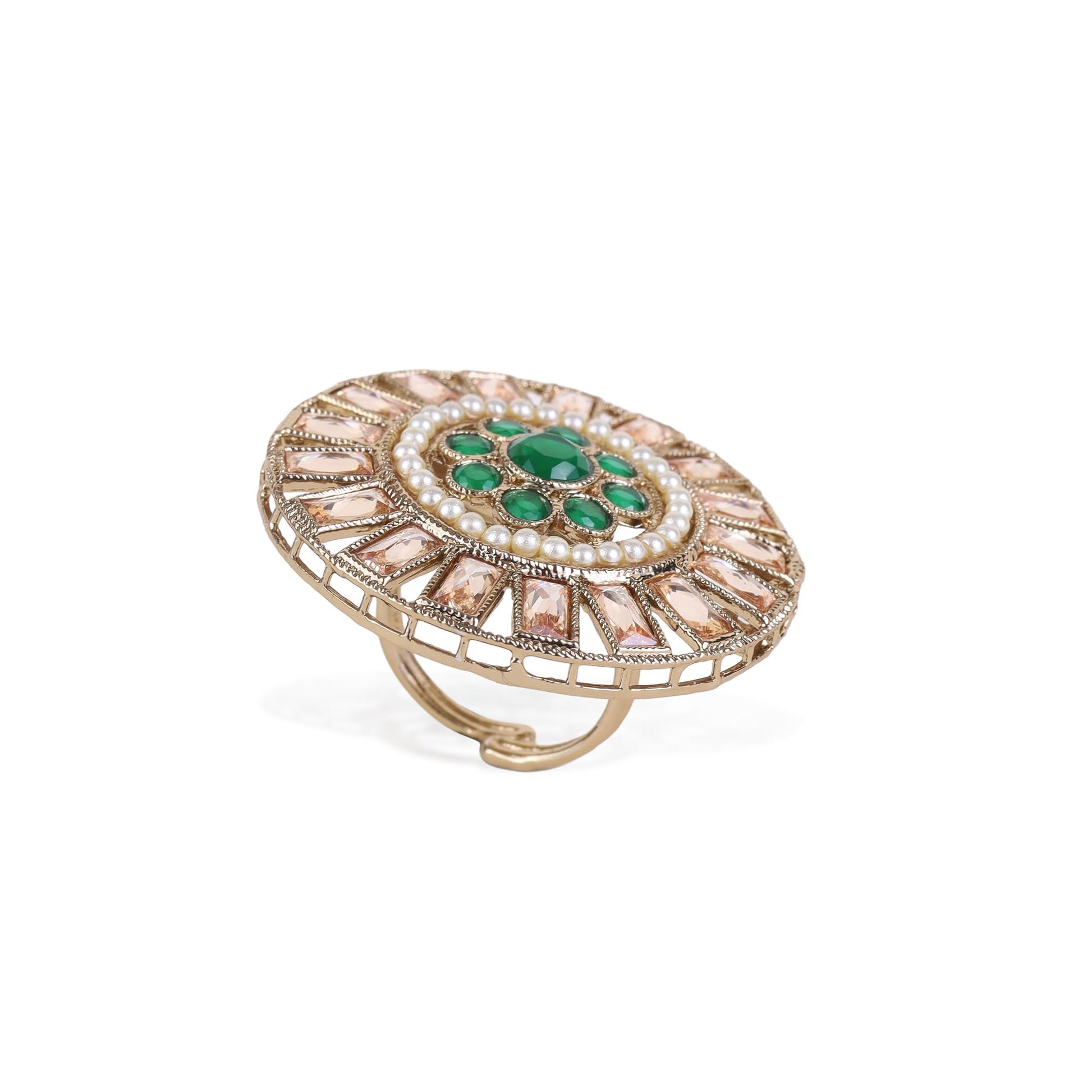 Saloni Fashion Jewellery Round Design Green and Grey Stone Gold Plated Brass Adjustable Finger Ring For Women