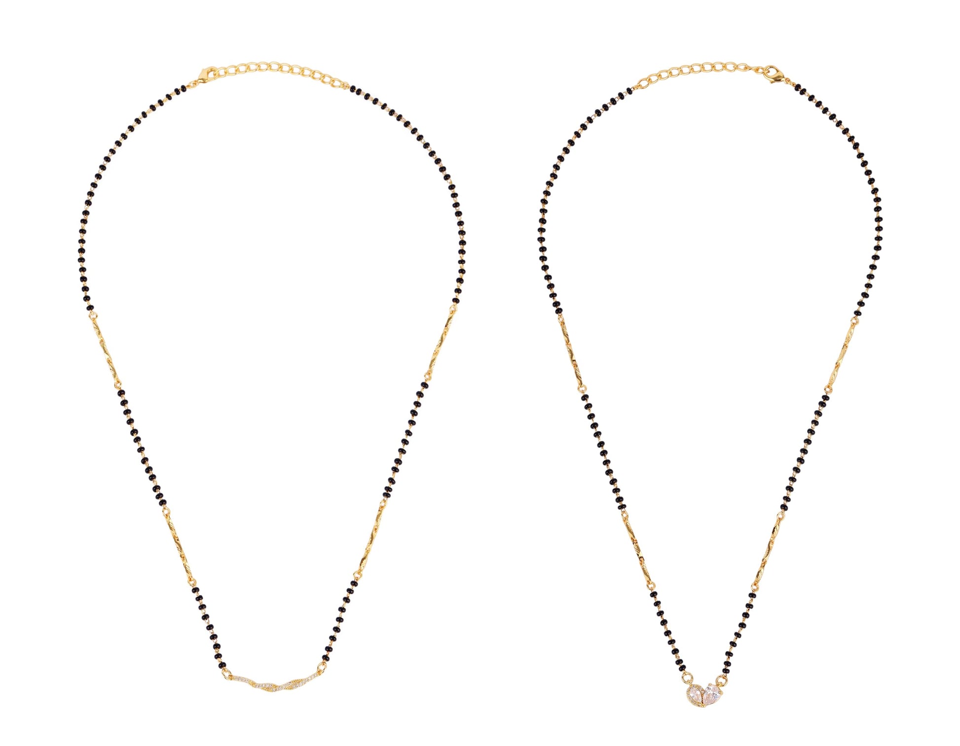 Saloni Fashion Jewellery Traditional Modern CZ Studded Oval Shape Gold Plated Combo Set of 2 Black Beaded Adjustable Chain Mangalsutra For Women