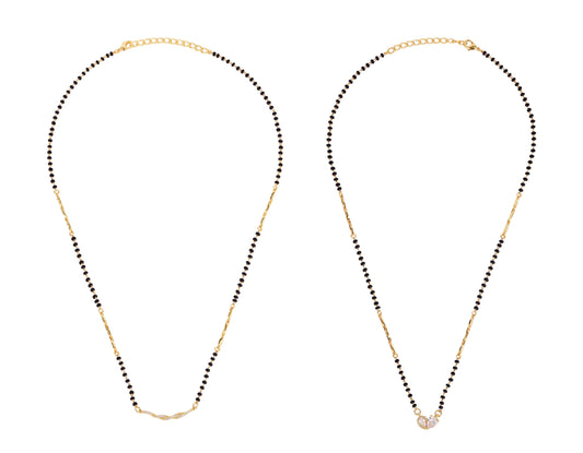 Saloni Fashion Jewellery Traditional Modern CZ Studded Oval Shape Gold Plated Combo Set of 2 Black Beaded Adjustable Chain Mangalsutra For Women