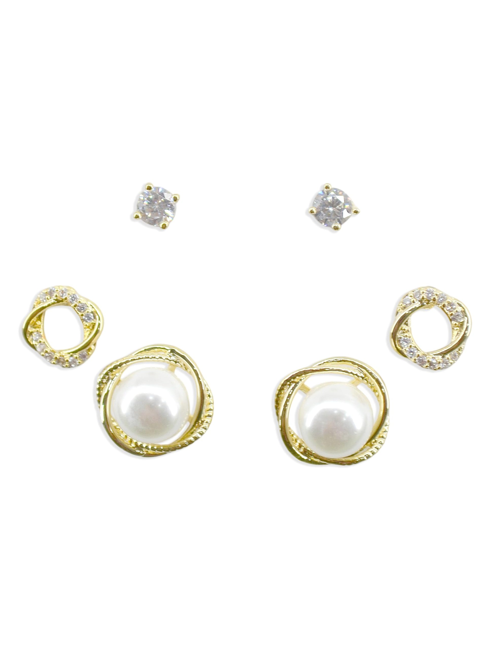 Saloni Fashion Jewellery Pretty Round Shape CZ Brass Gold Plated Set of 3 Combo Stud Earring For Women and Girls