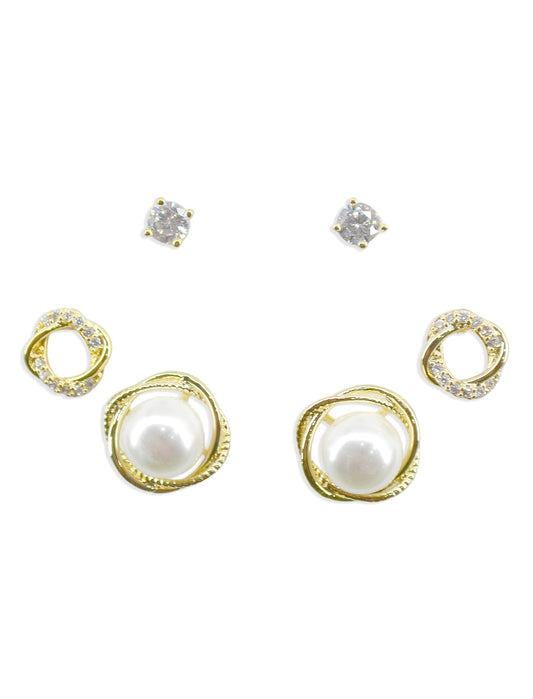 Saloni Fashion Jewellery Pretty Round Shape CZ Brass Gold Plated Set of 3 Combo Stud Earring For Women and Girls