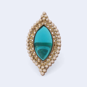 Saloni Fashion Jewellery Lovely Oval Shape Center Sky Blue Stone Gold Plated Adjustable Finger Ring For Women