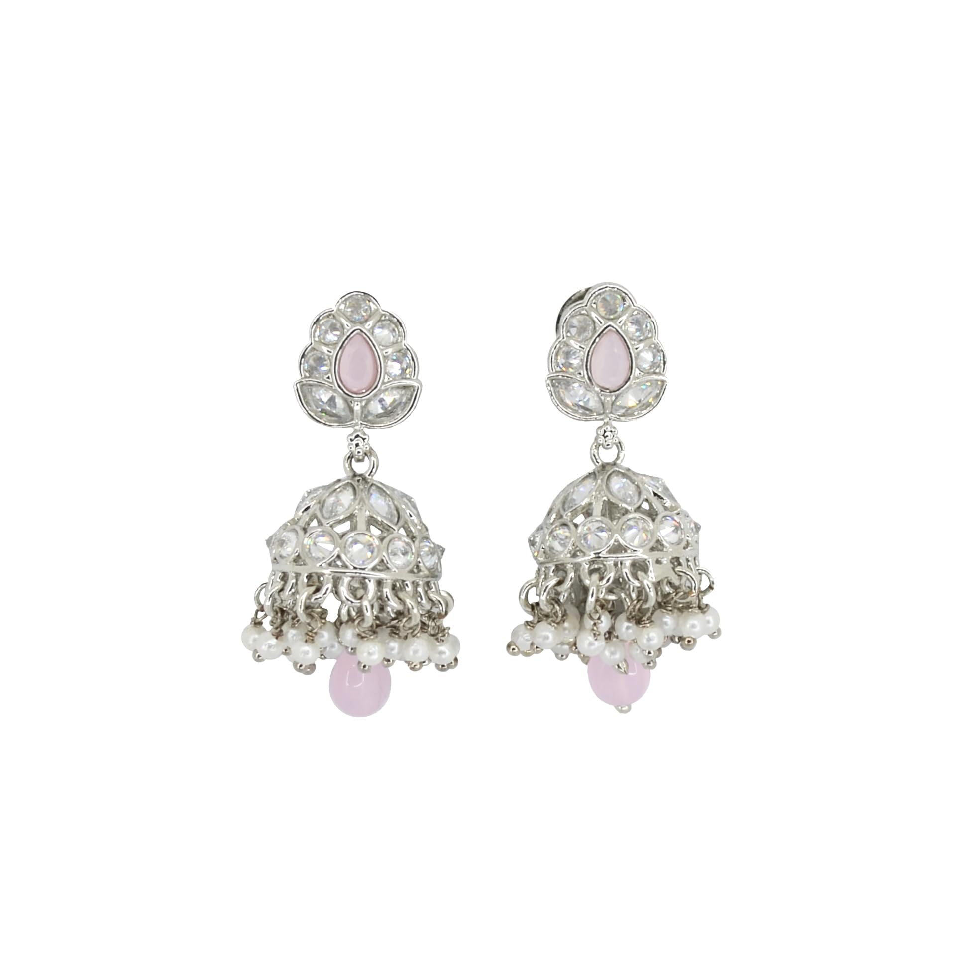 Saloni Fashion Jewellery Modish Leaf and Pear Shape Silver Plated Pink Kundan Stone Brass Jhumki Earring For Women and Girls