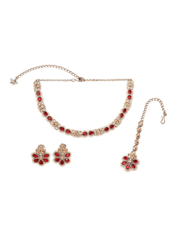 Saloni Fashion Jewellery Designer Flower and Oval Shape Maroon Kundan Stone Pearl Antique Gold Plated Choker Necklace With Maang Tikka For Women and Girls