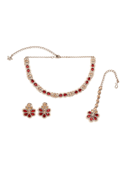 Saloni Fashion Jewellery Designer Flower and Oval Shape Maroon Kundan Stone Pearl Antique Gold Plated Choker Necklace With Maang Tikka For Women and Girls