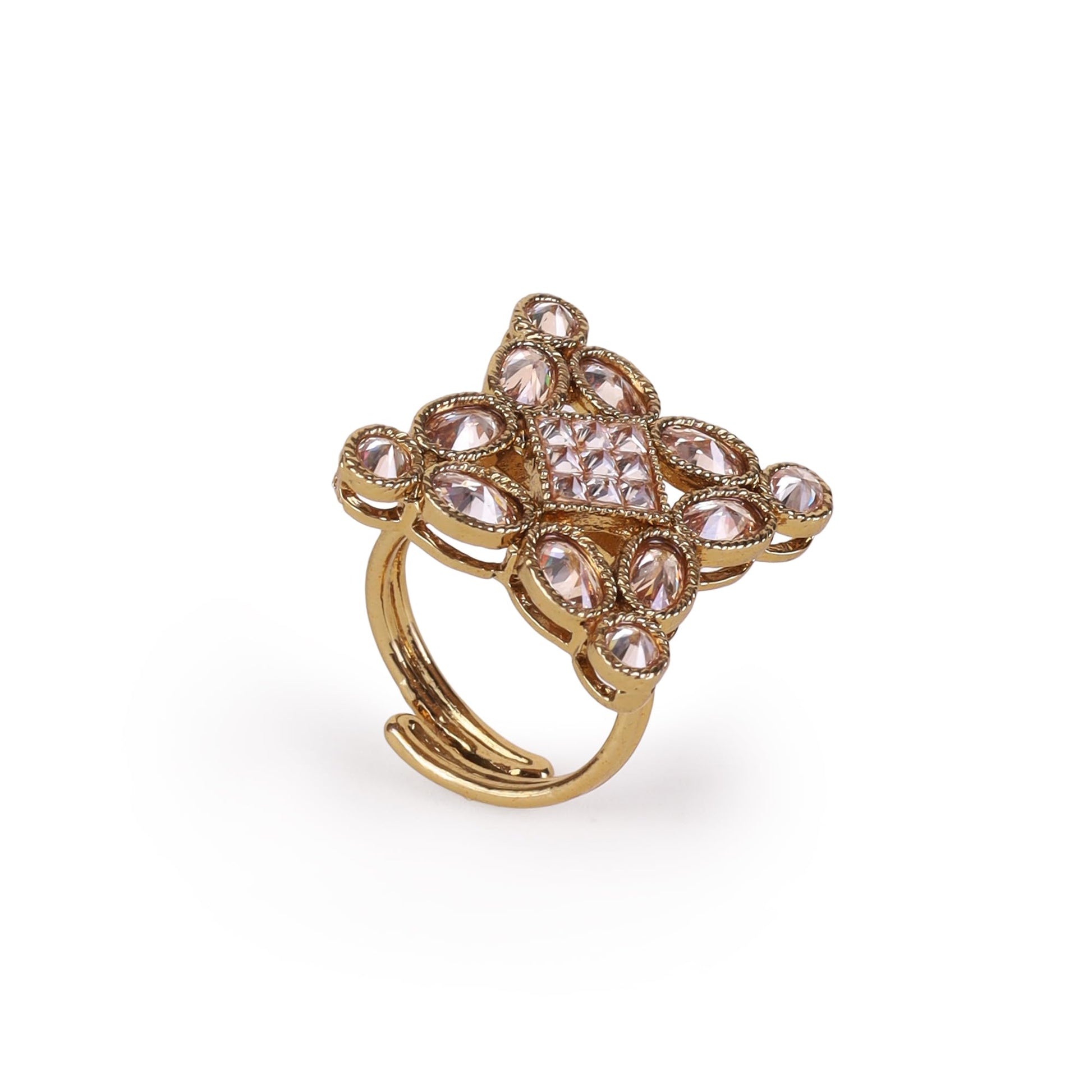 Saloni Fashion Jewellery Triangle Design White Stone Gold Plated Brass Adjustable Finger Ring For Women
