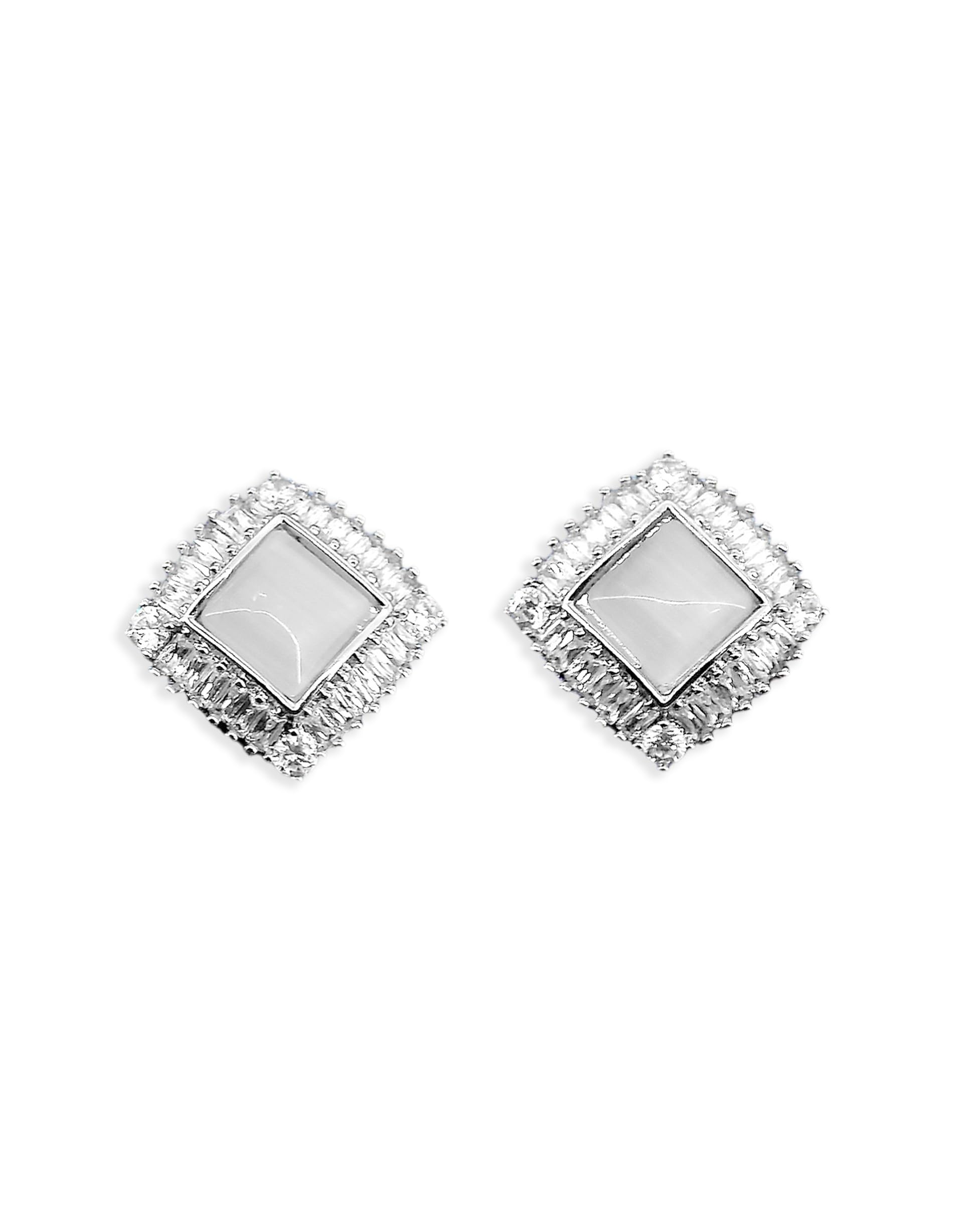 Saloni Fashion Jewellery Trendy Square Shape Kundan Brass Silver Plated Stud Earring For Women and Girls