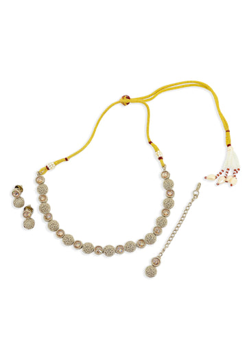 Saloni Fashion Jewellery Graceful Round Shape Brown Kundan Stone Antique Gold Plated Choker Brass Necklace With Maang Tikka For Women and Girls