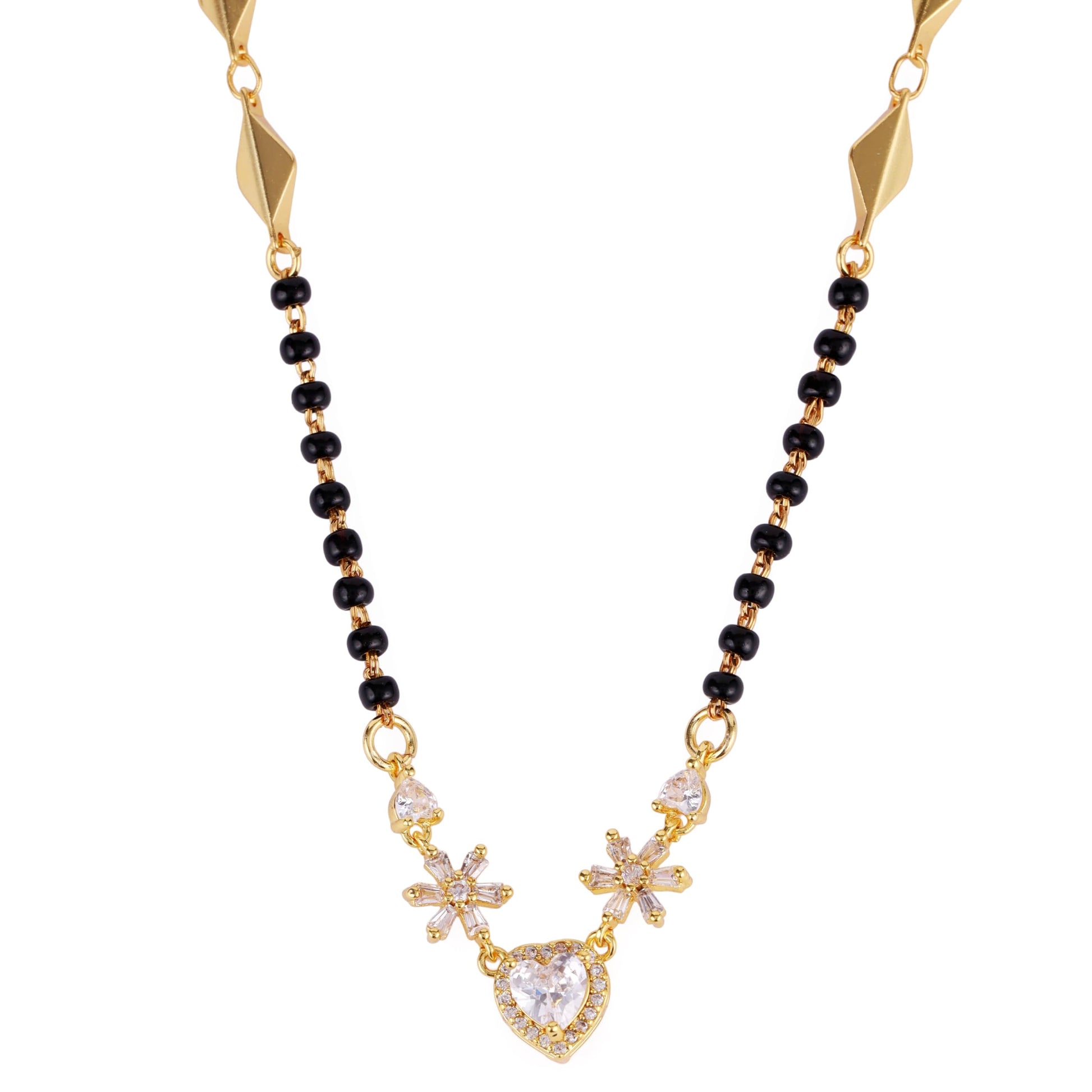 Saloni Fashion Jewellery Traditional Modern Flower and Heart Shape Gold Plated Black Beaded Adjustable Chain Mangalsutra For Women