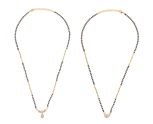 Saloni Fashion Jewellery Traditional Graceful Oval and Flower Design Gold Plated Combo Set of 2 Black Beaded Adjustable Chain Mangalsutra For Women