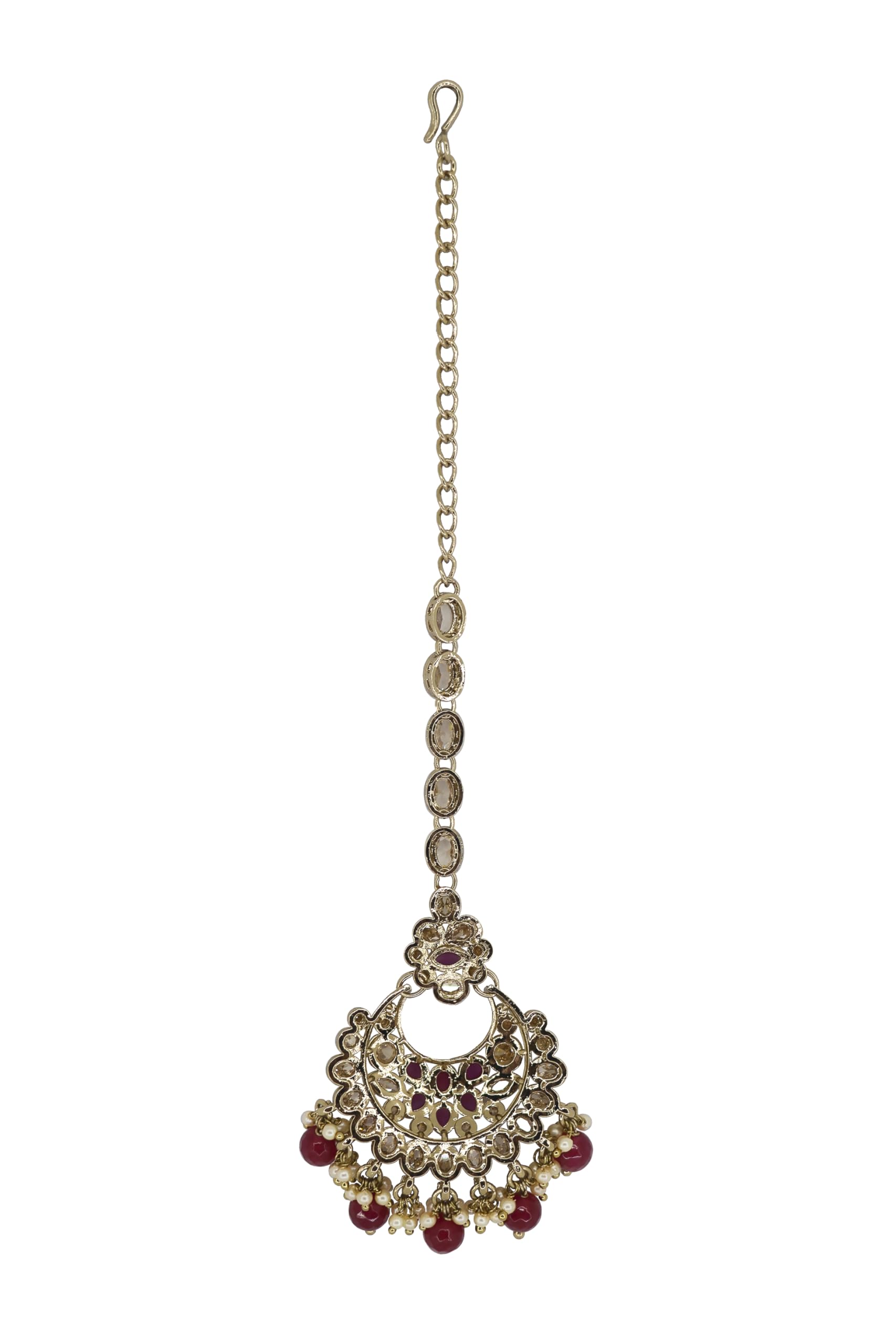 Saloni Fashion Jewellery Glorious Chandelier Shape Mother of Pearl Ruby Uncut Kundan Stone Antique Gold Plated Maang Tikka For Women and Girls