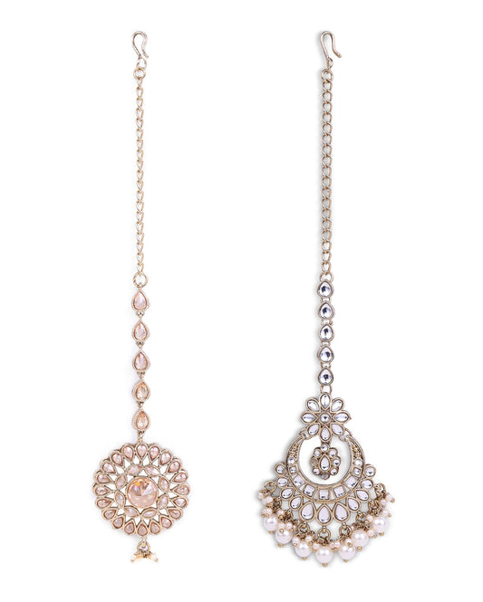 Saloni Fashion Jewellery Traditional Chandelier and Flower Shape Silver Gold Plated Set of 2 Combo Maang Tikka For Women