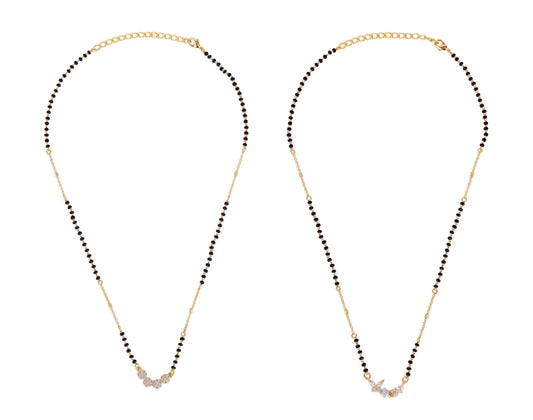 Saloni Fashion Jewellery Traditional Stylish CZ Studded Round Shape Gold Plated Combo Set of 2 Black Beaded Adjustable Chain Mangalsutra For Women