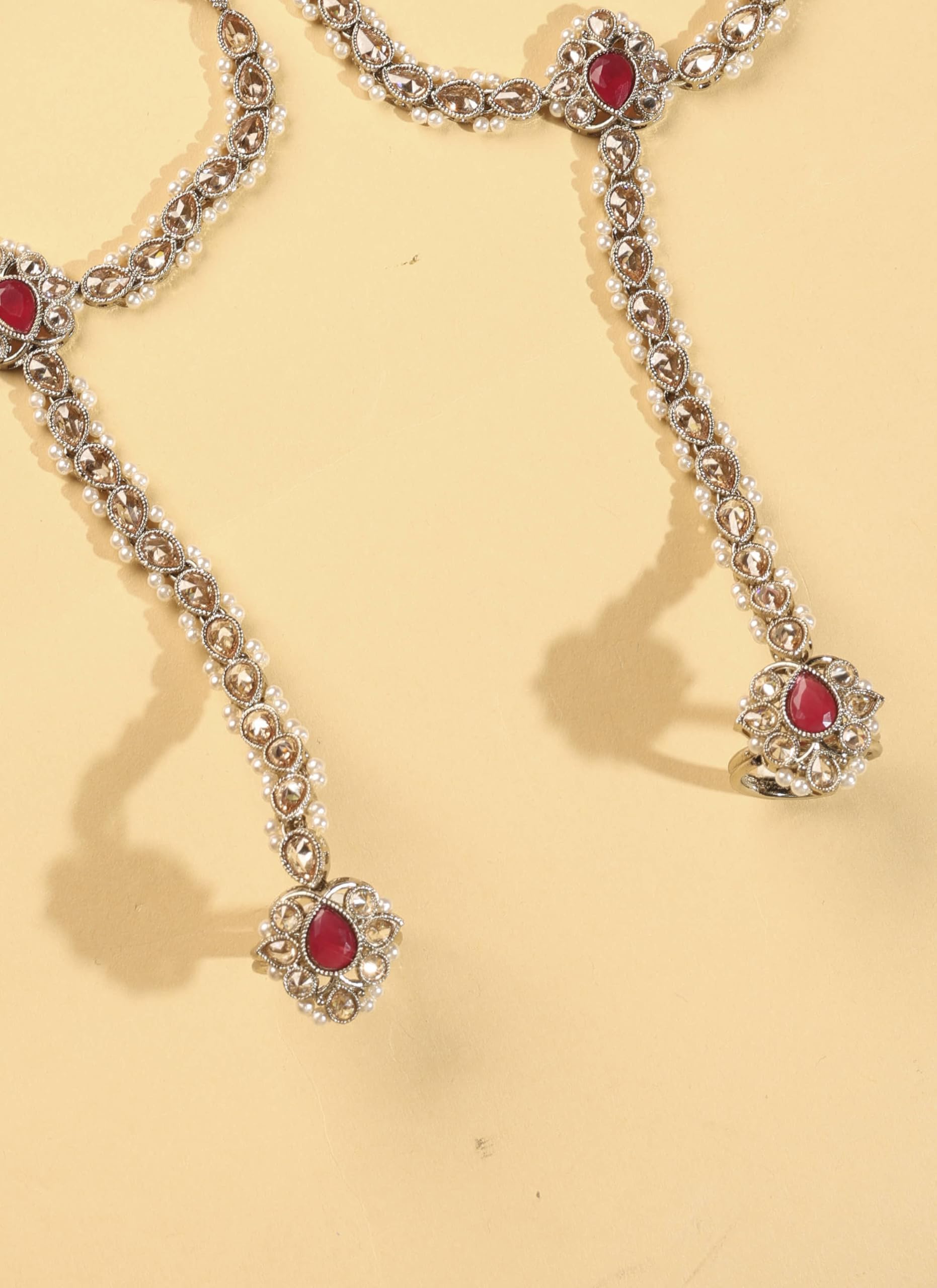 Saloni Fashion Jewellery Exotic Flower and Oval Shape Pearl Red Kundan Stone Antique Gold Plated Set of 2 Brass Hathpaan(Hathphool) For Women and Girls