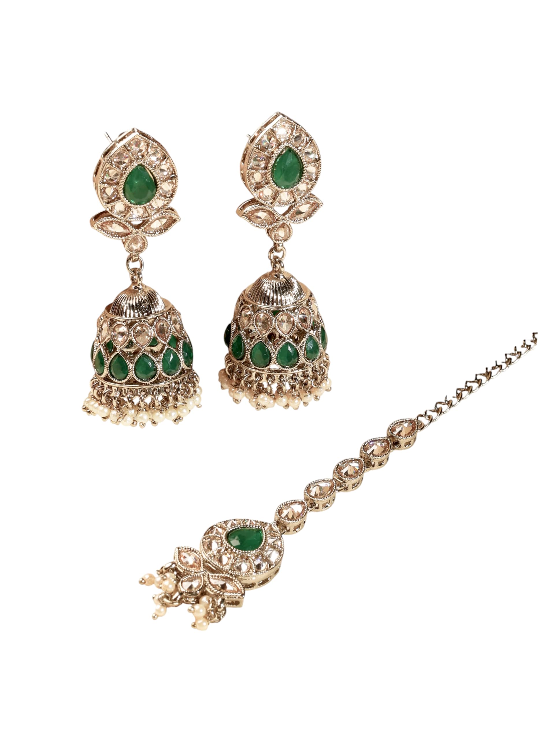 Saloni Fashion Jewellery Creative Leaf and Oval Shape Green Kundan Stone Antique Gold Plated Jhumki Earring With Maang Tikka For Women and Girls