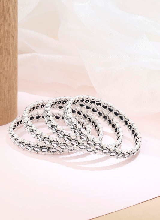 Saloni Fashion Jewellery Lovely Oval Shape White Kundan Stone Silver Plated Set Of 4 Bangle Set For Women and Girls