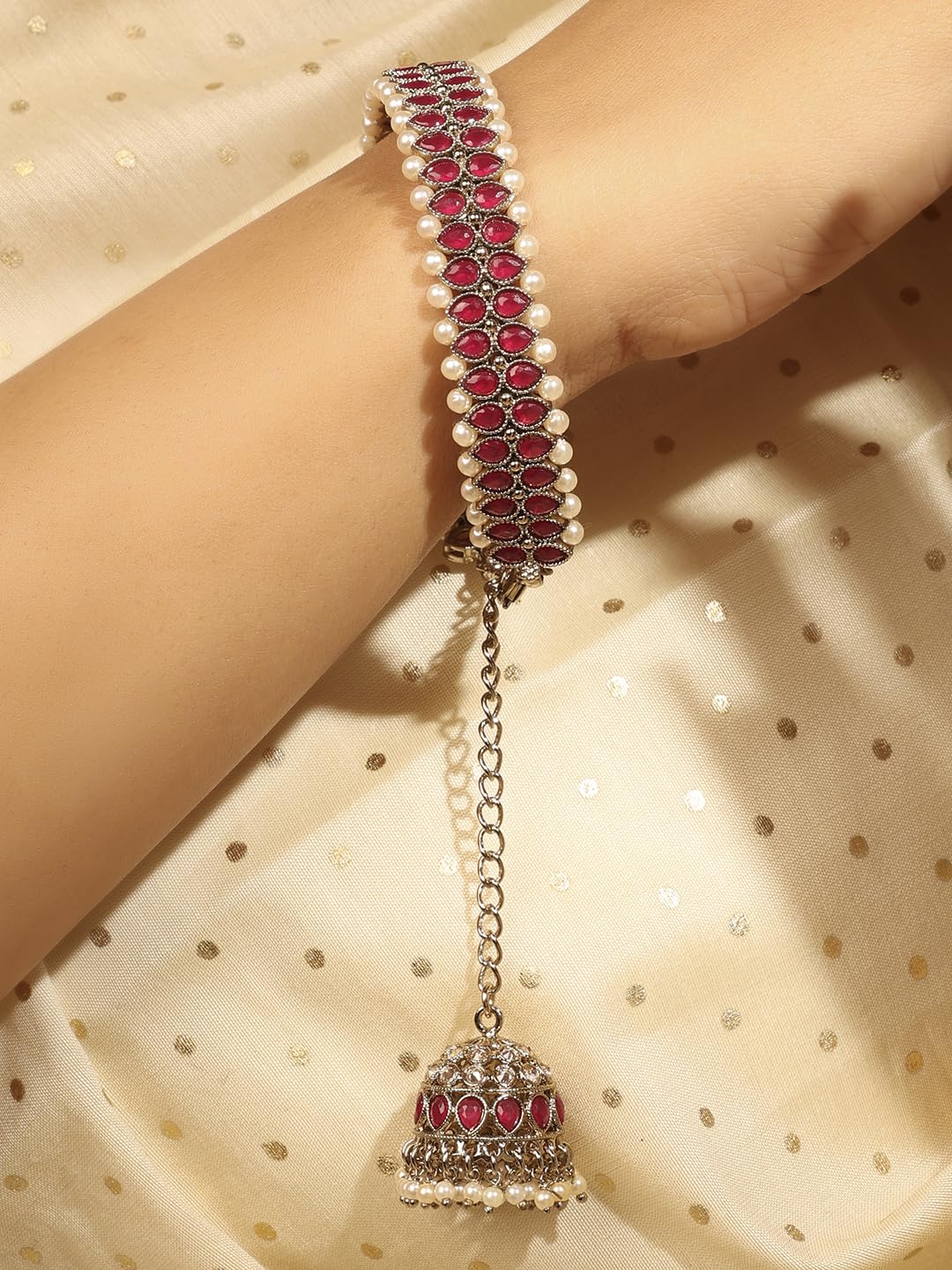 Saloni Fashion Jewellery Delightful Circle Shape and Pearl with Chain Jhumki Ruby Kundan Stone Antique Gold Plated Openable Bracelet For Women and Girls