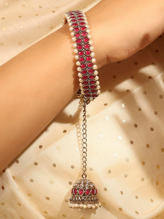 Saloni Fashion Jewellery Delightful Circle Shape and Pearl with Chain Jhumki Ruby Kundan Stone Antique Gold Plated Openable Bracelet For Women and Girls