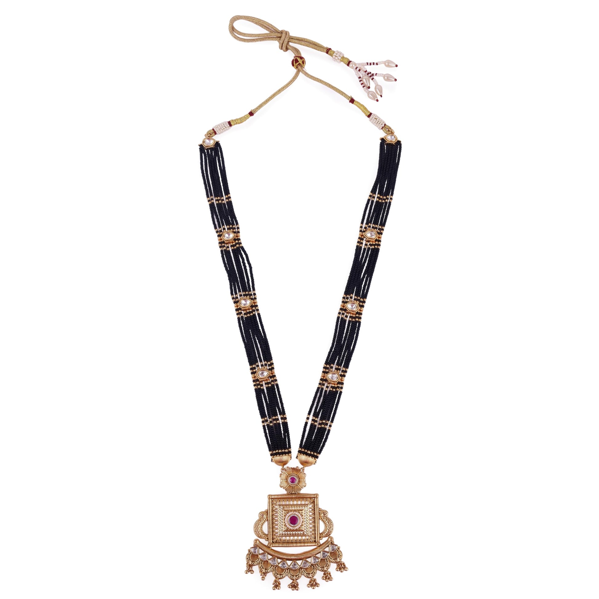 Saloni Fashion Jewellery Traditional Flower and Square Shape Black Bead Gold Plated Long Bead Chain Mangalsutra For Women