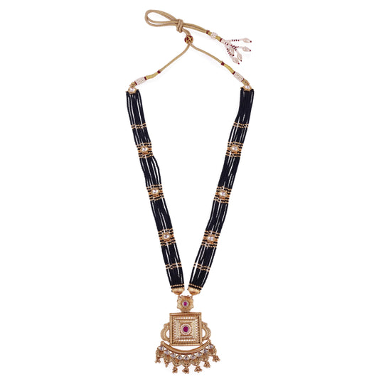 Saloni Fashion Jewellery Traditional Flower and Square Shape Black Bead Gold Plated Long Bead Chain Mangalsutra For Women