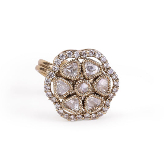 Saloni Fashion Jewellery Flower Design White Stone Gold Plated Brass Adjustable Finger Ring For Women