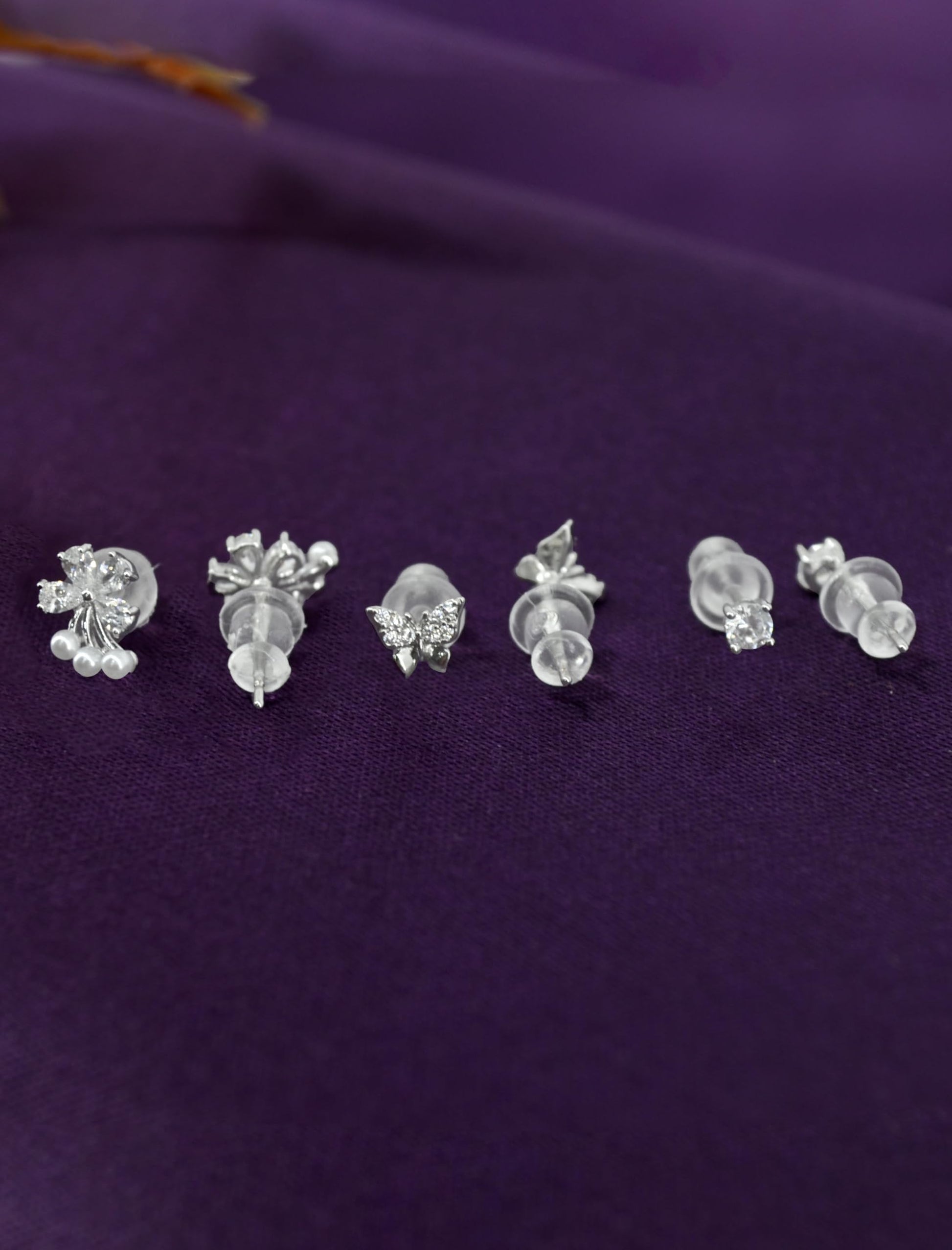 Saloni Fashion Jewellery Lavish Butterfly and Flower Design CZ Brass Silver Plated Set of 3 Combo Stud Earring For Women and Girls