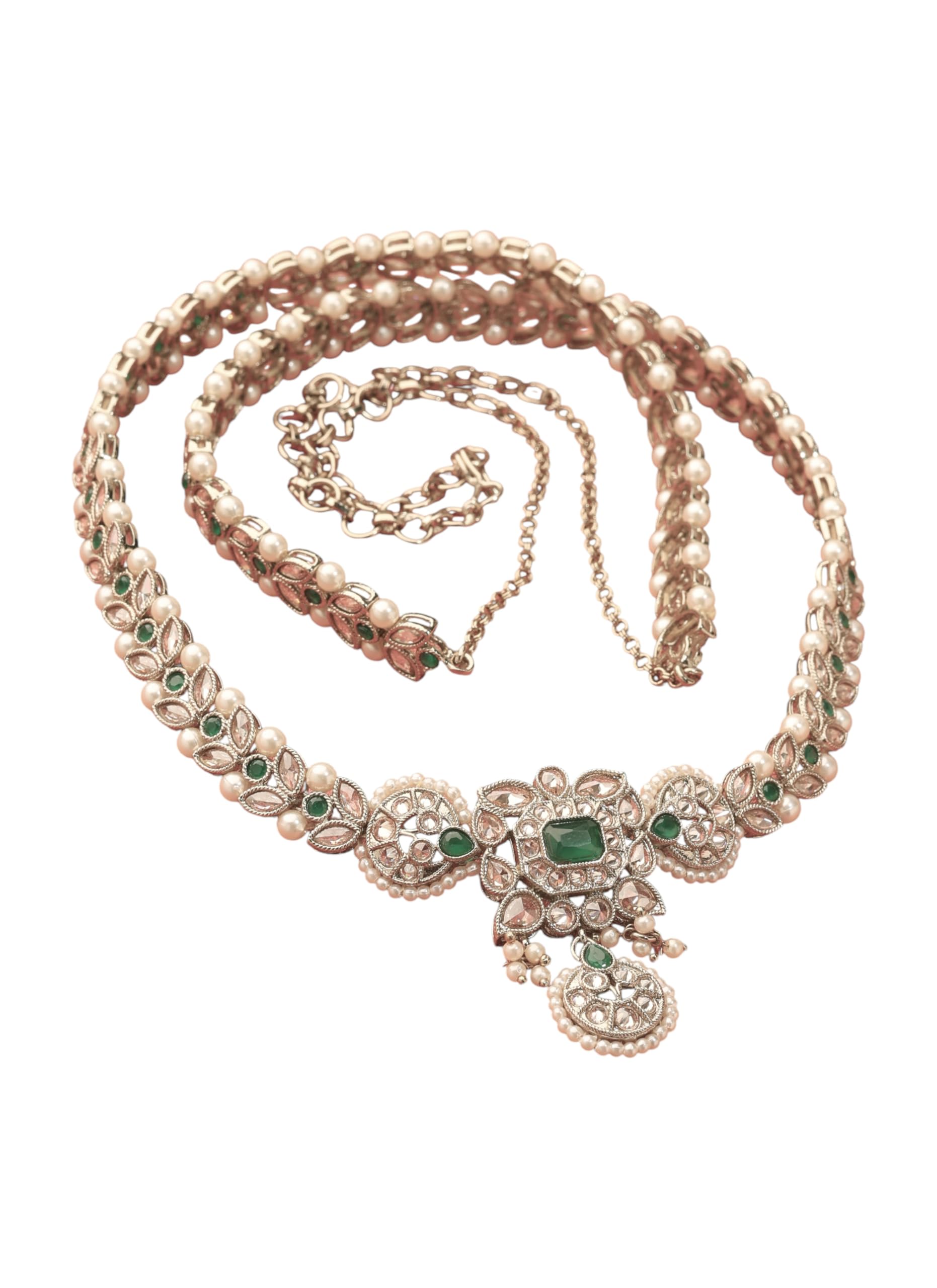 Saloni Fashion Jewellery Traditional Paisley and Leaf Design Pearl Green Kundan Stone Antique Gold Plated Kamarband For Women and Girls