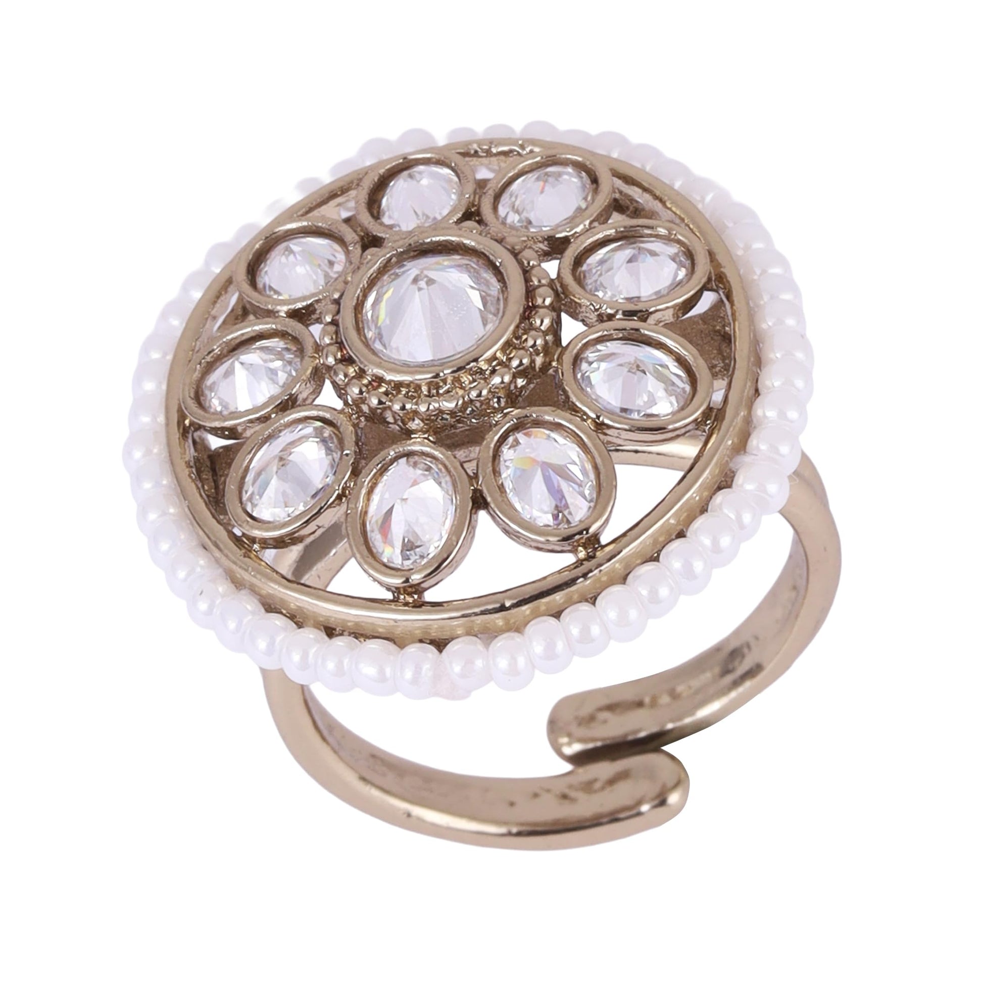 Saloni Fashion Jewellery Smooth Round Shape and Pearl Gold Plated Adjustable Finger Ring For Women