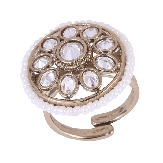 Saloni Fashion Jewellery Smooth Round Shape and Pearl Gold Plated Adjustable Finger Ring For Women