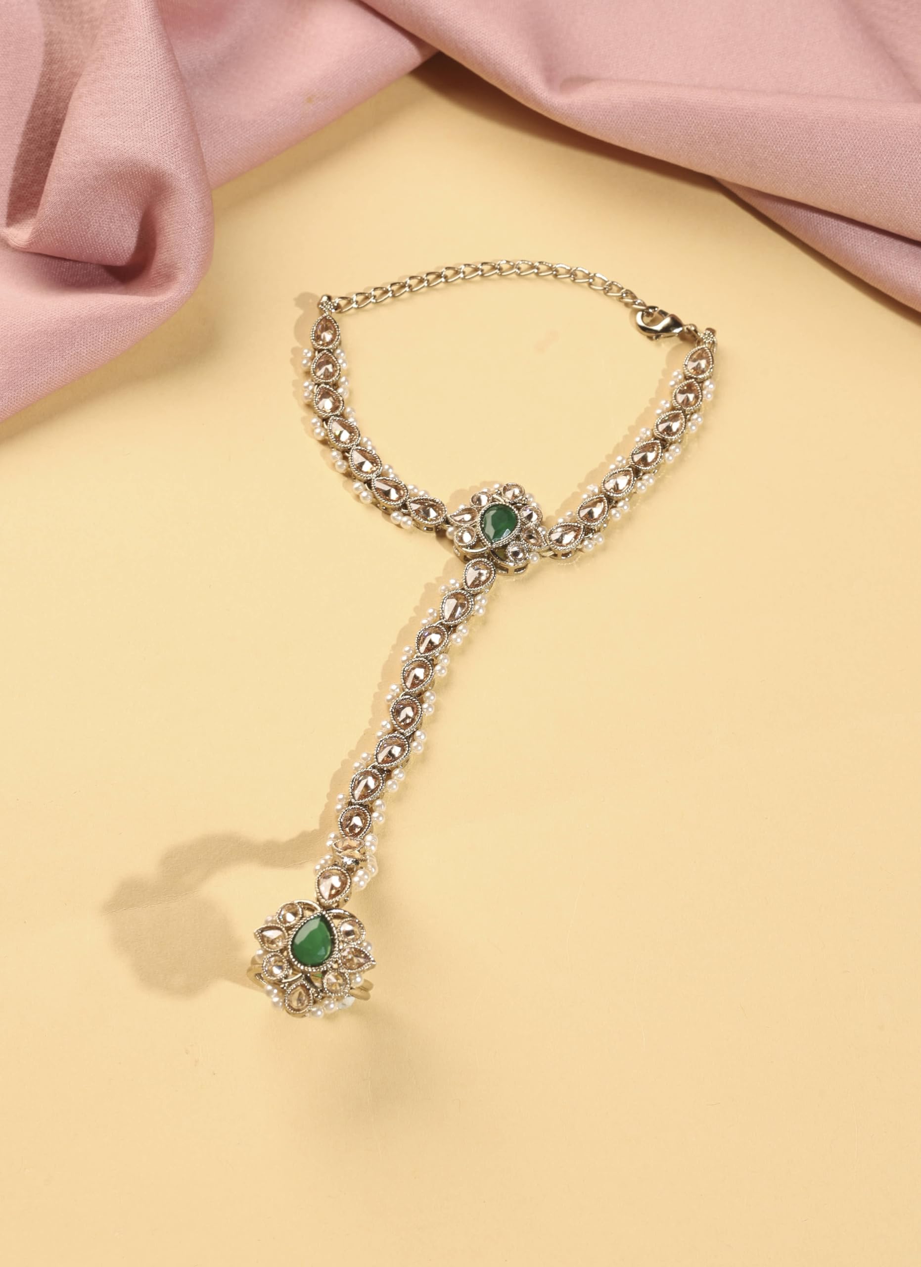 Saloni Fashion Jewellery Ethnic Flower and Oval Shape Pearl Green Kundan Stone Antique Gold Plated Set of 2 Brass Hathpaan(Hathphool) For Women and Girls