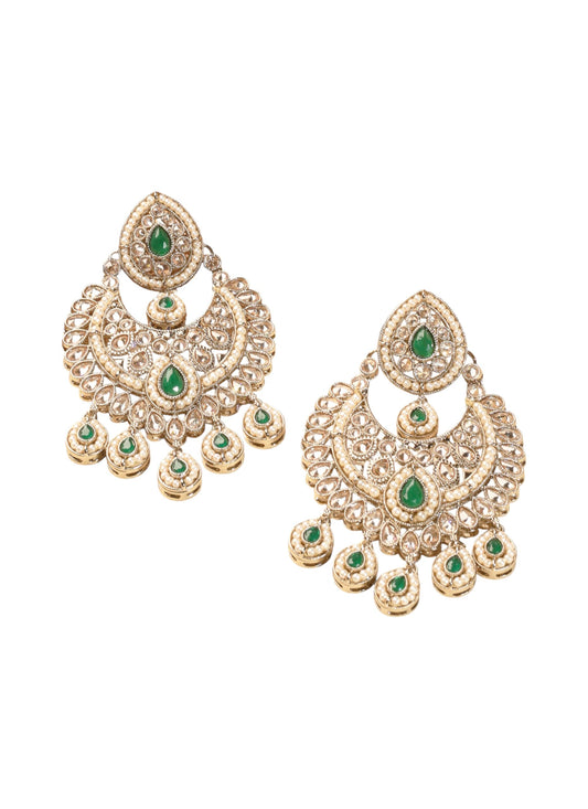 Saloni Fashion Jewellery Modern Chandelier Shape and Pearl Green Kundan Stone Antique Gold Plated Chandelier Earring For Women and Girls