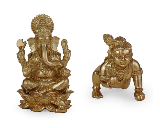 Saloni Fashion Jewellery Lord Ganesha and Lord Krishna Gold Plated Combo Set of 2 Idol/Murti Home And Office Decorative Gifting
