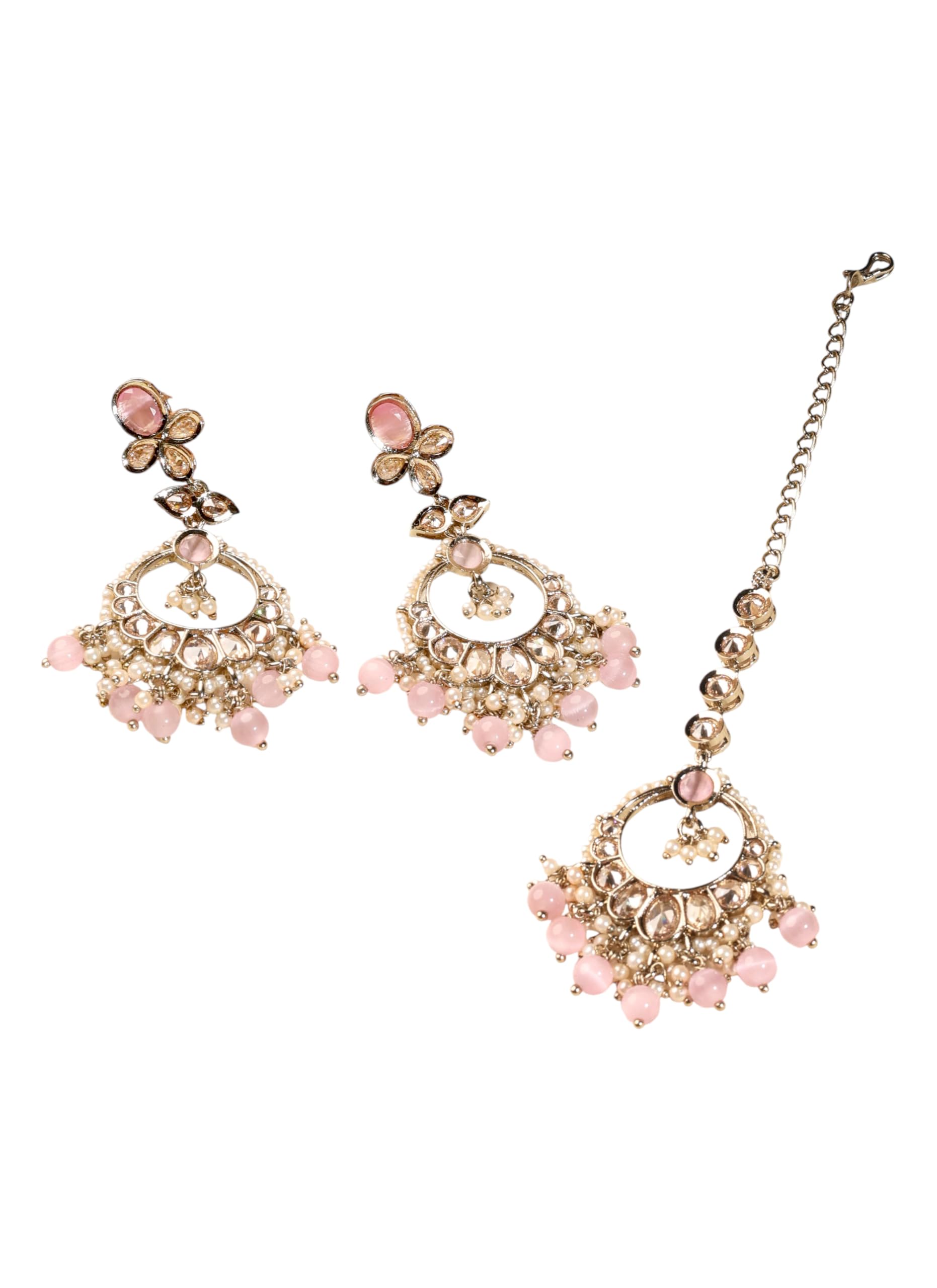 Saloni Fashion Jewellery Graceful Circle and Leaf Shape Pink Pearl Brown Kundan Stone Antique Gold Plated Brass Chandelier Earring With Maang Tikka For Women and Girls