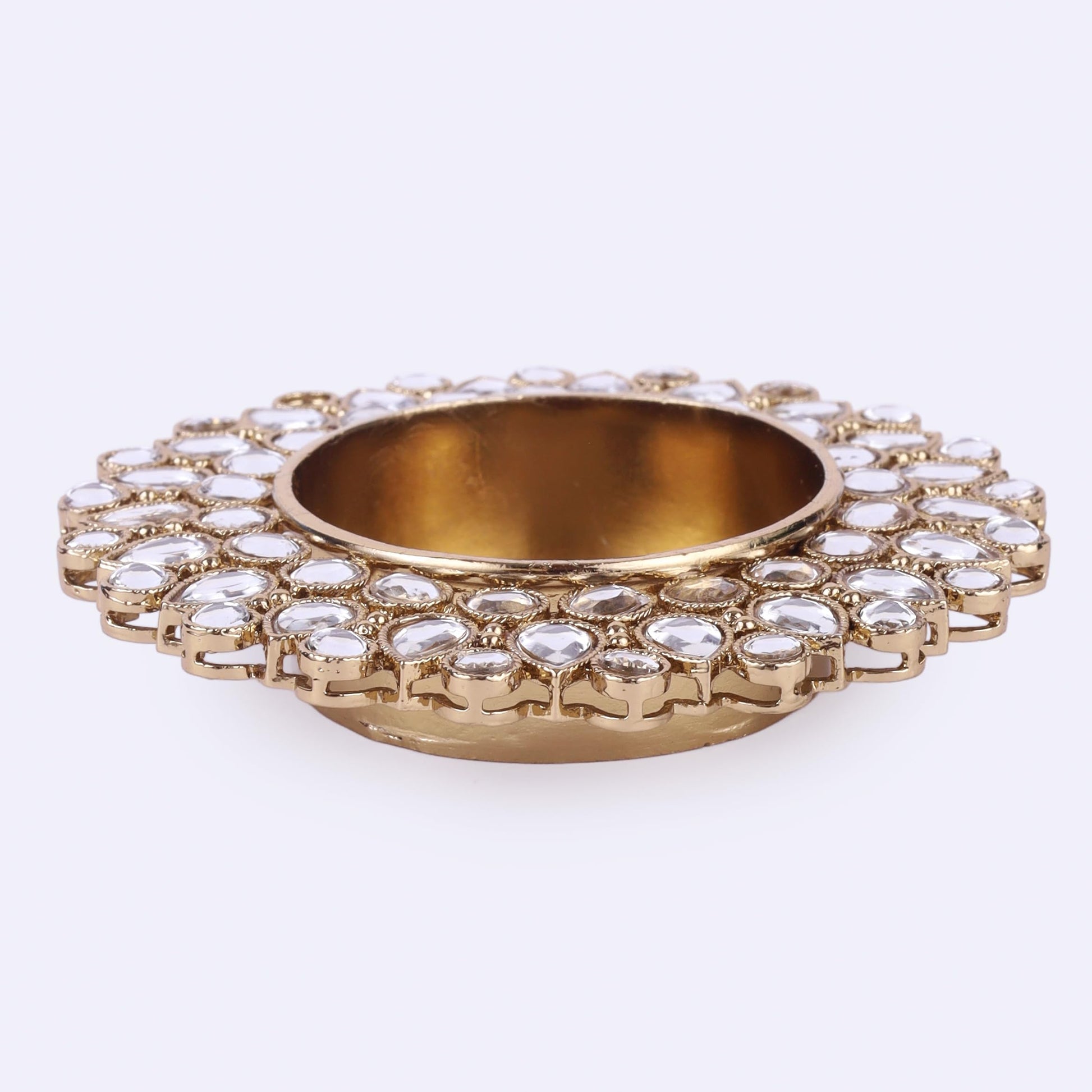 Saloni Fashion Jewellery Traditional Dazzling Oval and Round Shape Brass Gold Plated White Stone Festival Decorative Deep / Diya