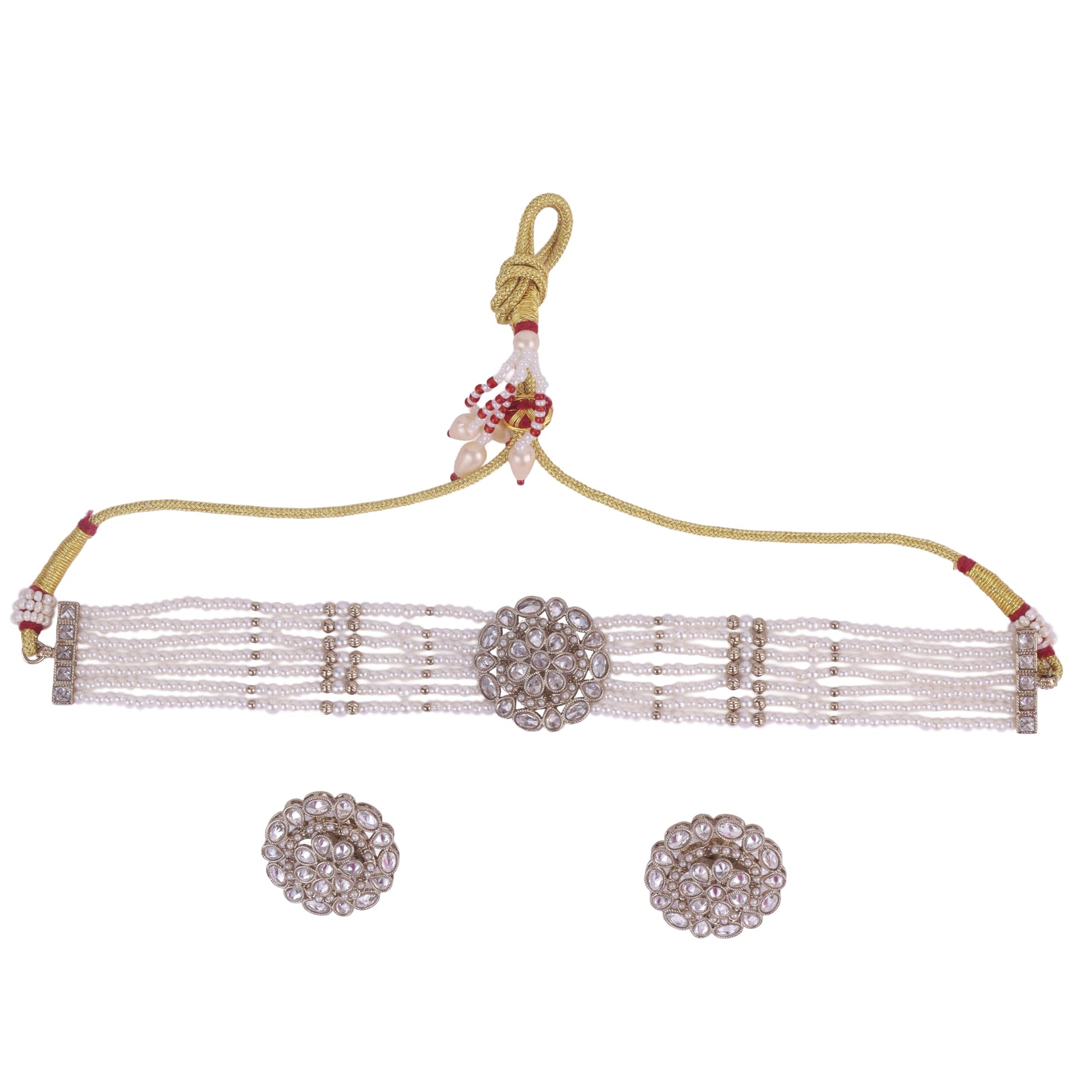 Saloni Fashion Jewellery Dazzling Pearl Round and Flower Shape Silver Plated Collar Necklace Set For Women and Girls