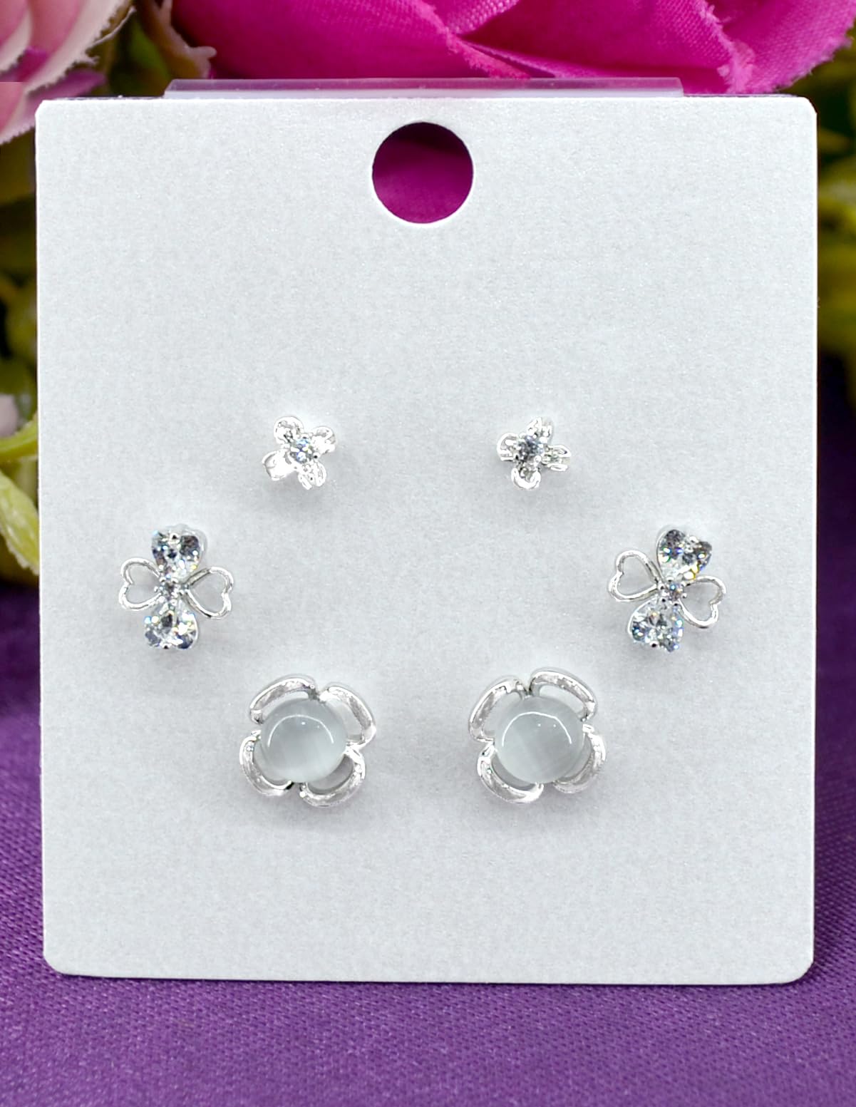Saloni Fashion Jewellery Lovely Flower Design Pearl CZ Brass Silver Plated Set of 3 Combo Stud Earring For Women and Girls