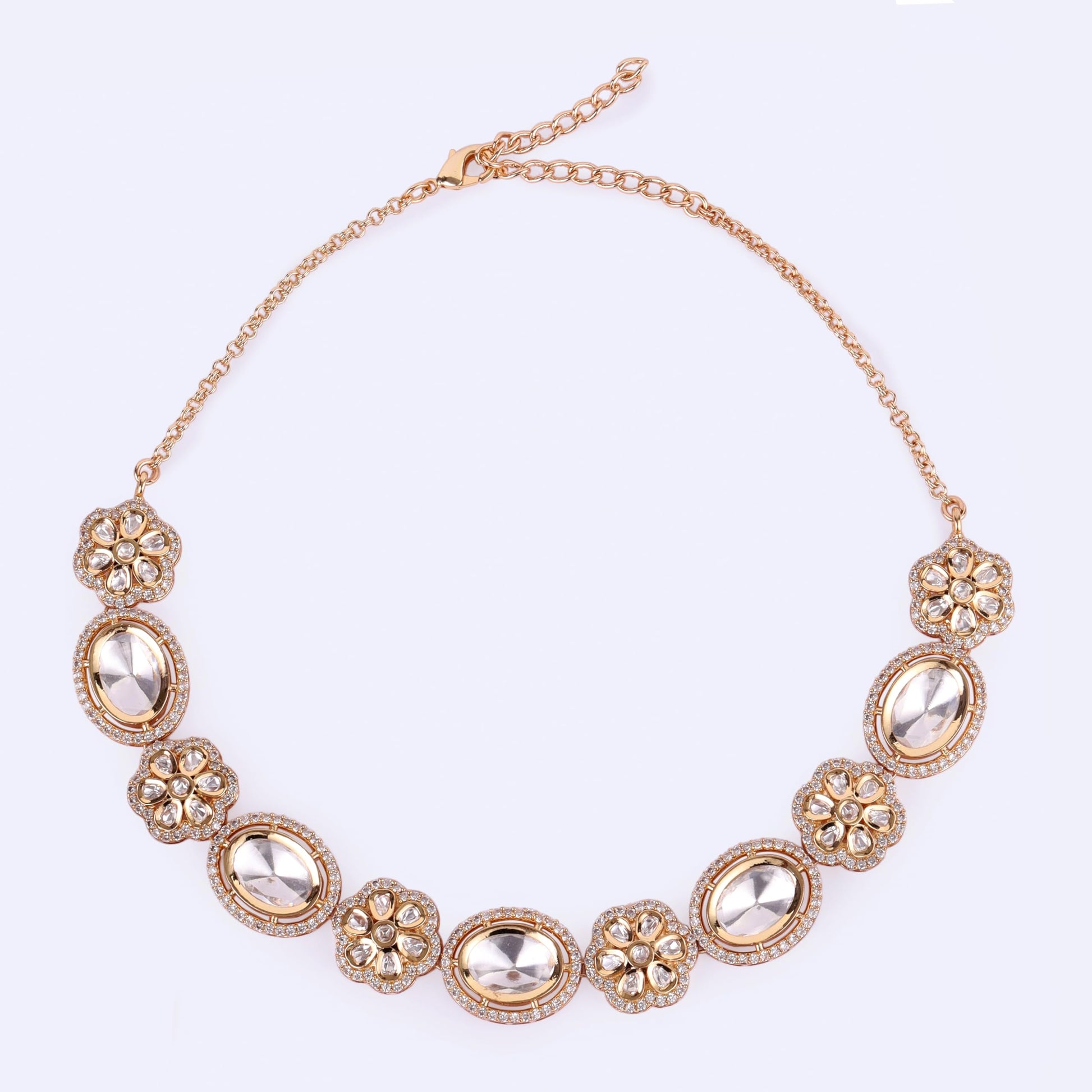 Saloni Fashion Jewellery Charming Flower and Circle Shape Uncut Kundan Stone 18 KT Gold Plated Brass Choker Necklace Set For Women and Girls