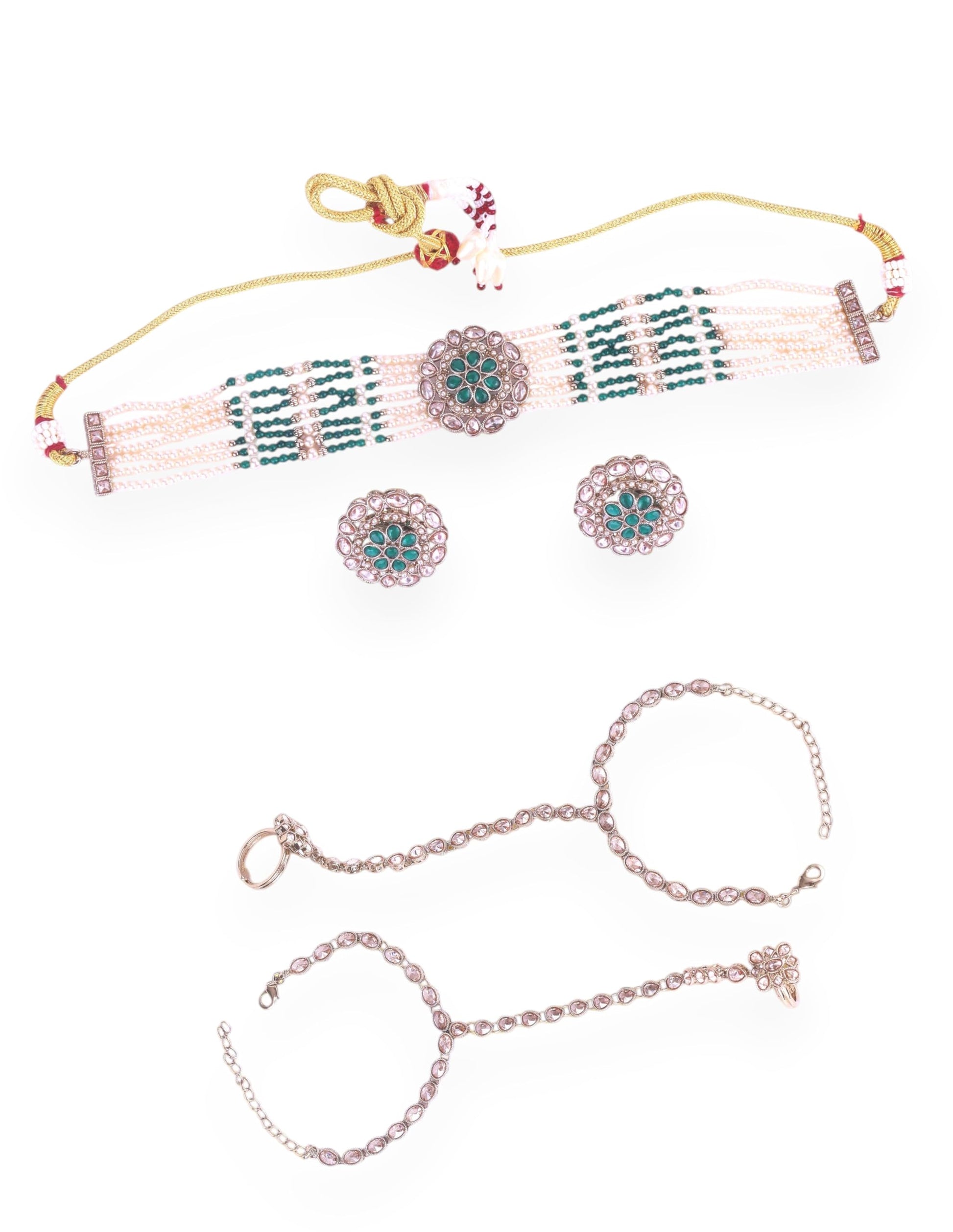 Saloni Fashion Jewellery Glamorous Flower Shape and Pearl Lariat Kundan Antique Gold Plated Set of 2 Combo Choker Necklace Set For Women and Girls