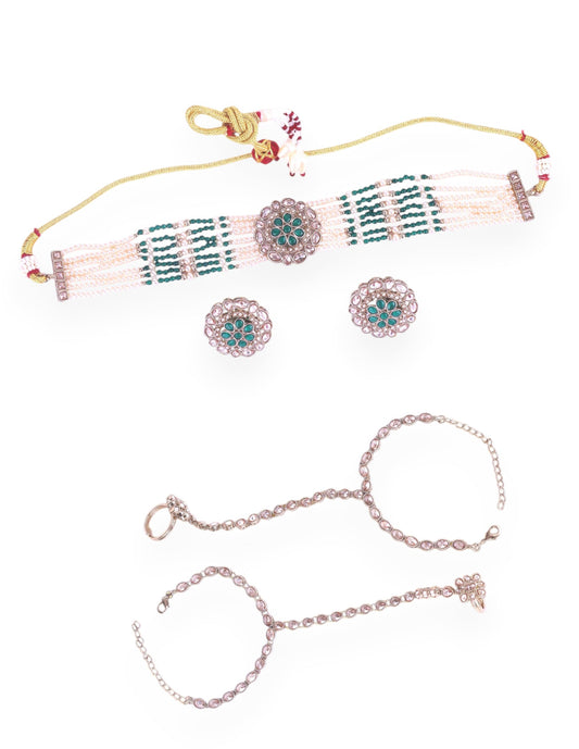 Saloni Fashion Jewellery Glamorous Flower Shape and Pearl Lariat Kundan Antique Gold Plated Set of 2 Combo Choker Necklace Set For Women and Girls