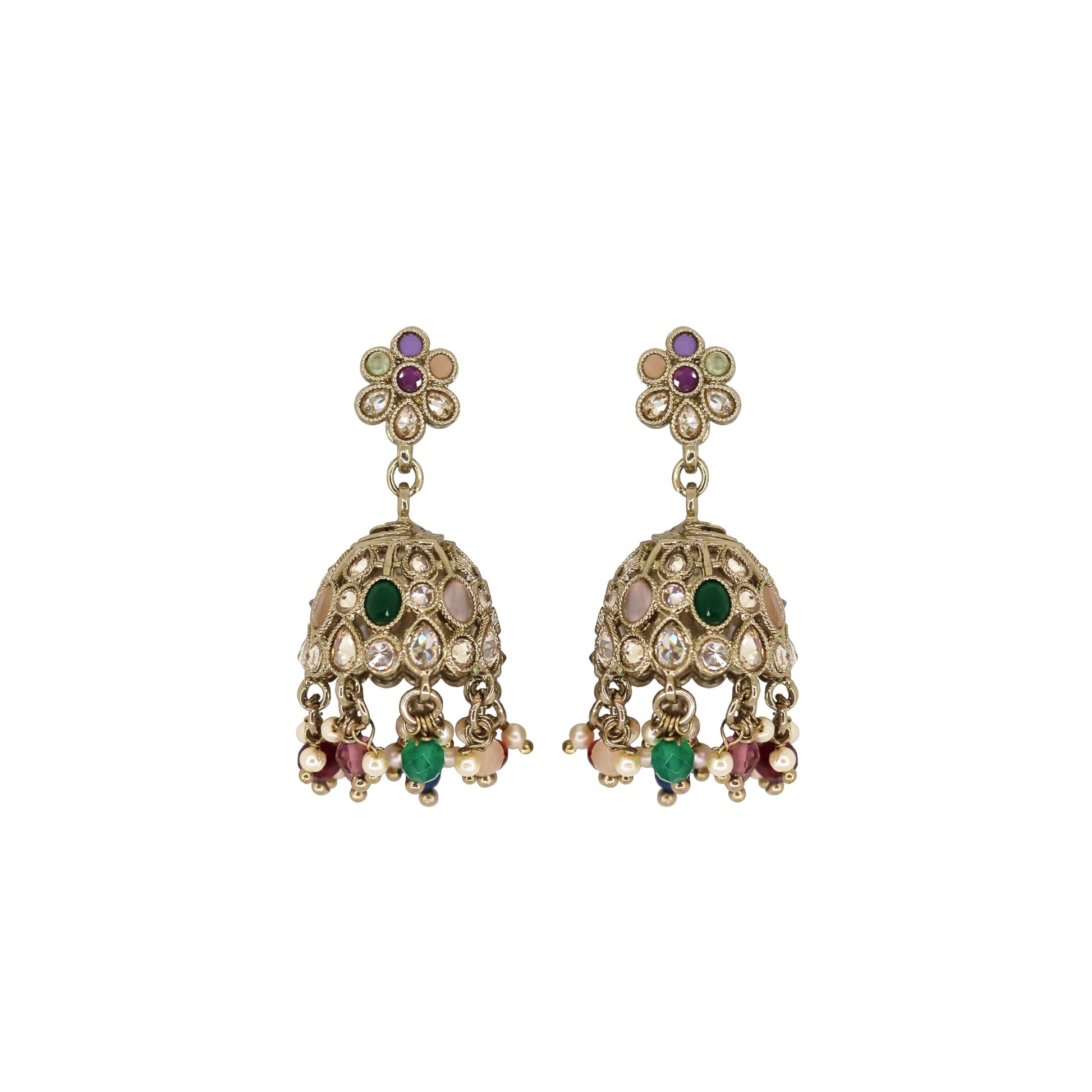 Saloni Fashion Jewellery Pleasing Flower Shape Multi Uncut Kundan Stone Antique Gold Plated Jhumki Earring For Women and Girls