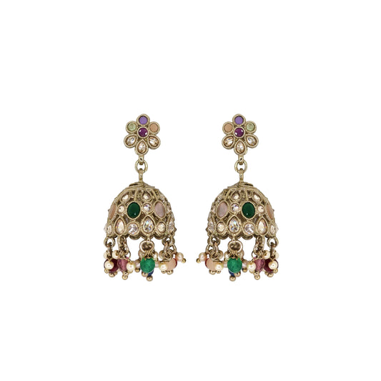 Saloni Fashion Jewellery Pleasing Flower Shape Multi Uncut Kundan Stone Antique Gold Plated Jhumki Earring For Women and Girls
