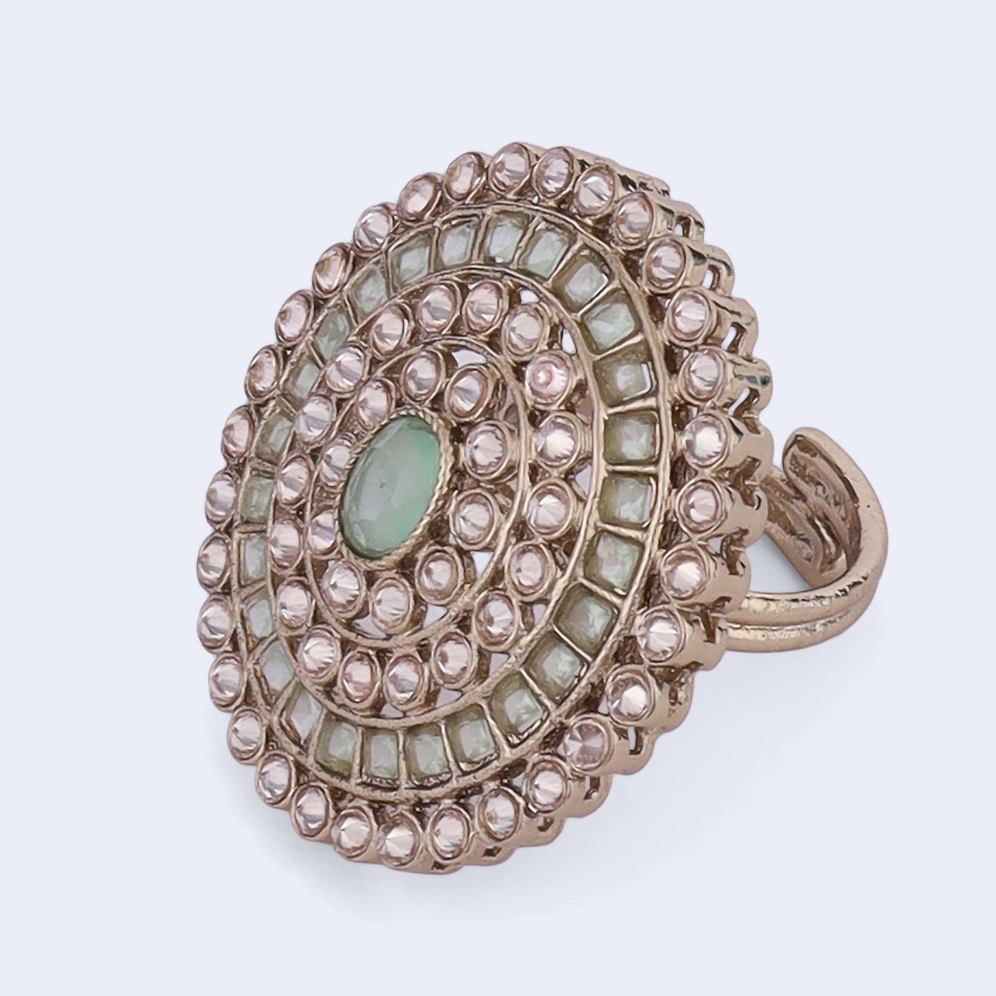 Saloni Fashion Jewellery Glimmery Round Shape Gold Plated Adjustable Finger Ring For Women