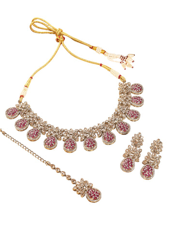 Saloni Fashion Jewellery Graceful Flower and Oval Shape Red Kundan Stone Antique Gold Plated Brass Choker Necklace Set with Maang Tikka For Women and Girls