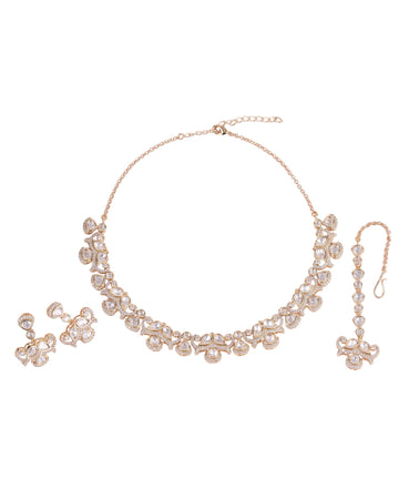 Saloni Fashion Jewellery Splendid Round and Paisley Shape CZ Studded Uncut Kundan Stone Rose Gold Plated Brass Choker Necklace Set with Maang Tikkka For Women and Girls