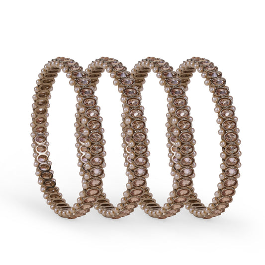 Saloni Fashion Jewellery Creative Pearl Brown Crystal Antique Gold Plated Set Of 4 Bangles For Women