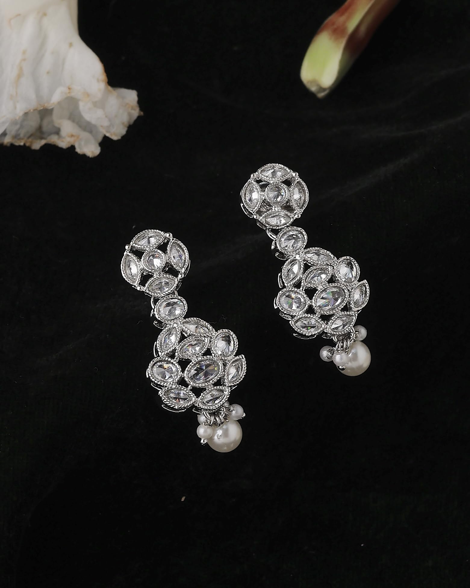 Saloni Fashion Jewellery Lavish Round Shape Silver Plated White Pearl Kundan Stone Dangle Earring For Women and Girls