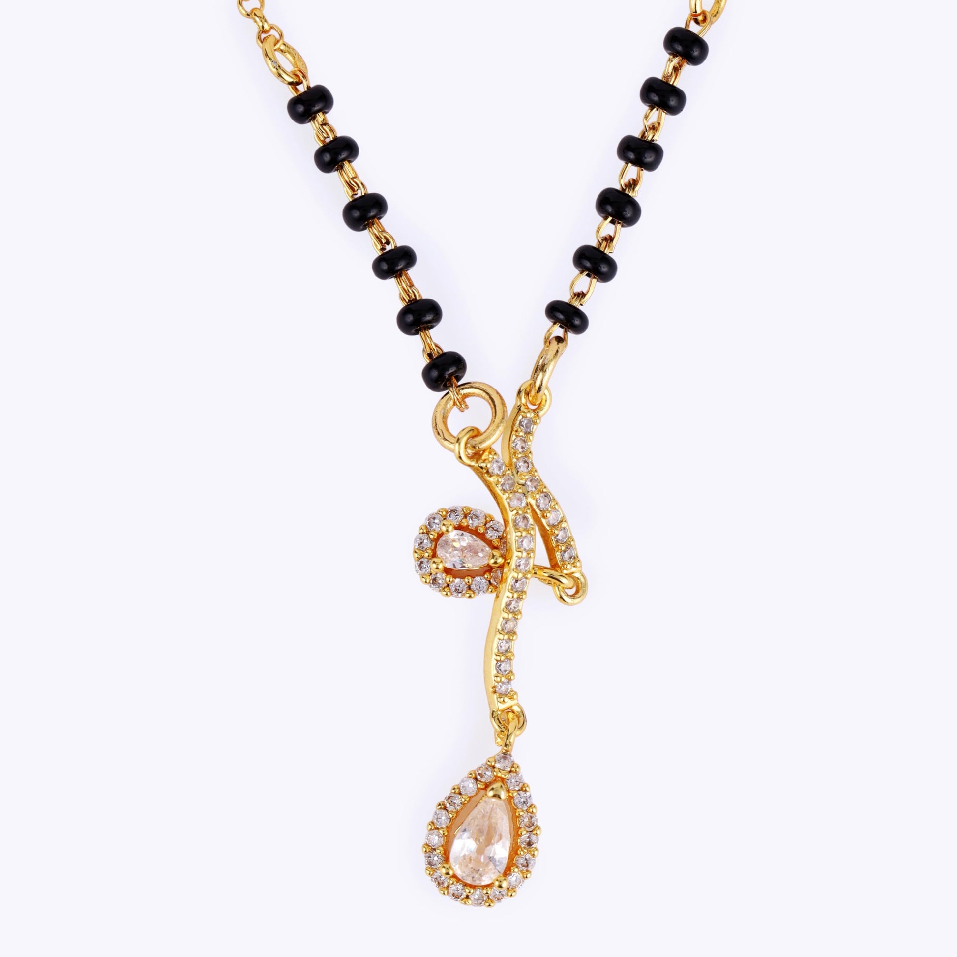 Saloni Fashion Jewellery Traditional Creative Oval Shape CZ Studded Gold Plated Black Beaded Adjustable Chain Mangalsutra For Women