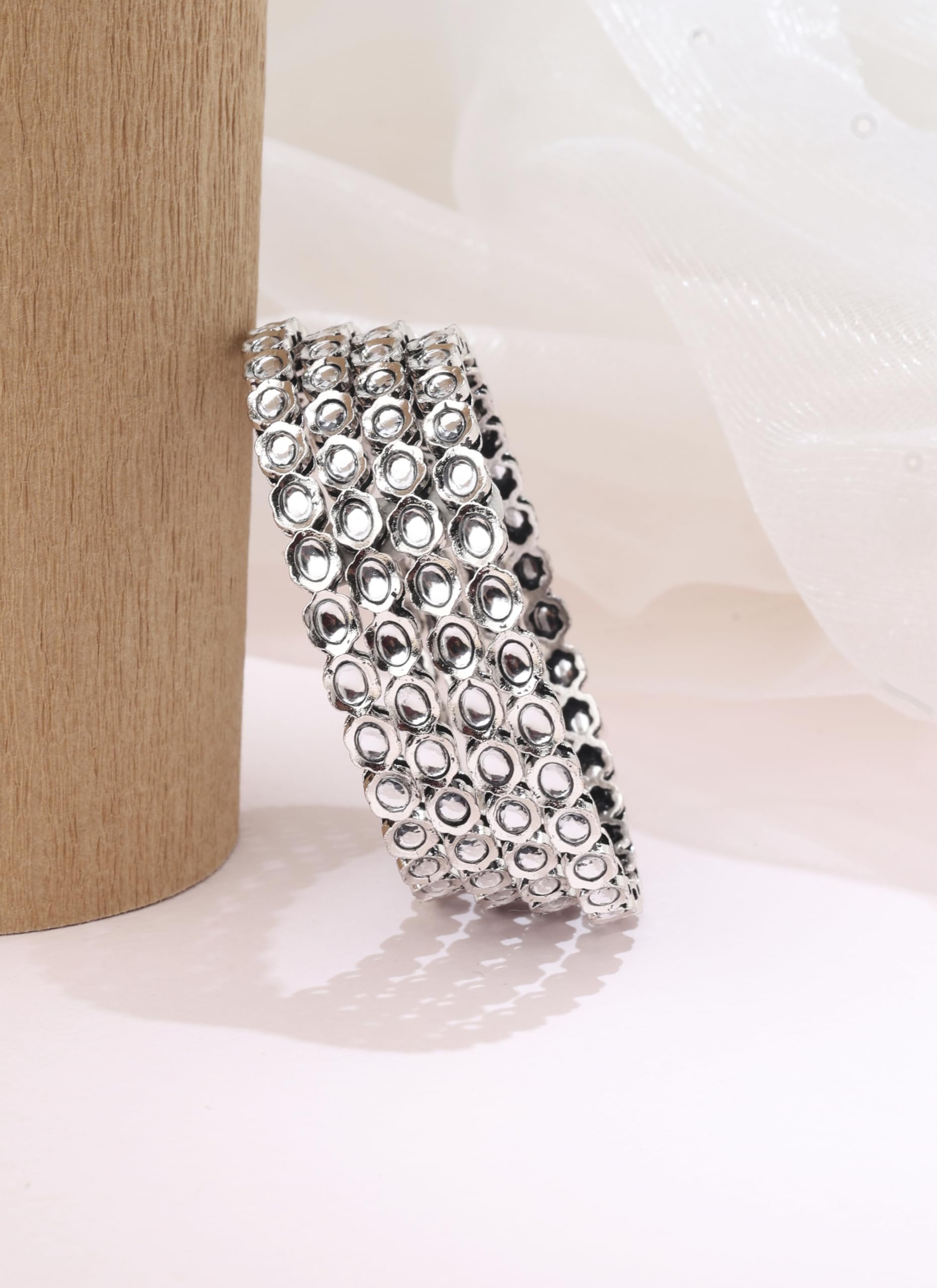 Saloni Fashion Jewellery Modern Round Shape White Kundan Stone Silver Plated Set Of 4 Bangle Set For Women and Girls