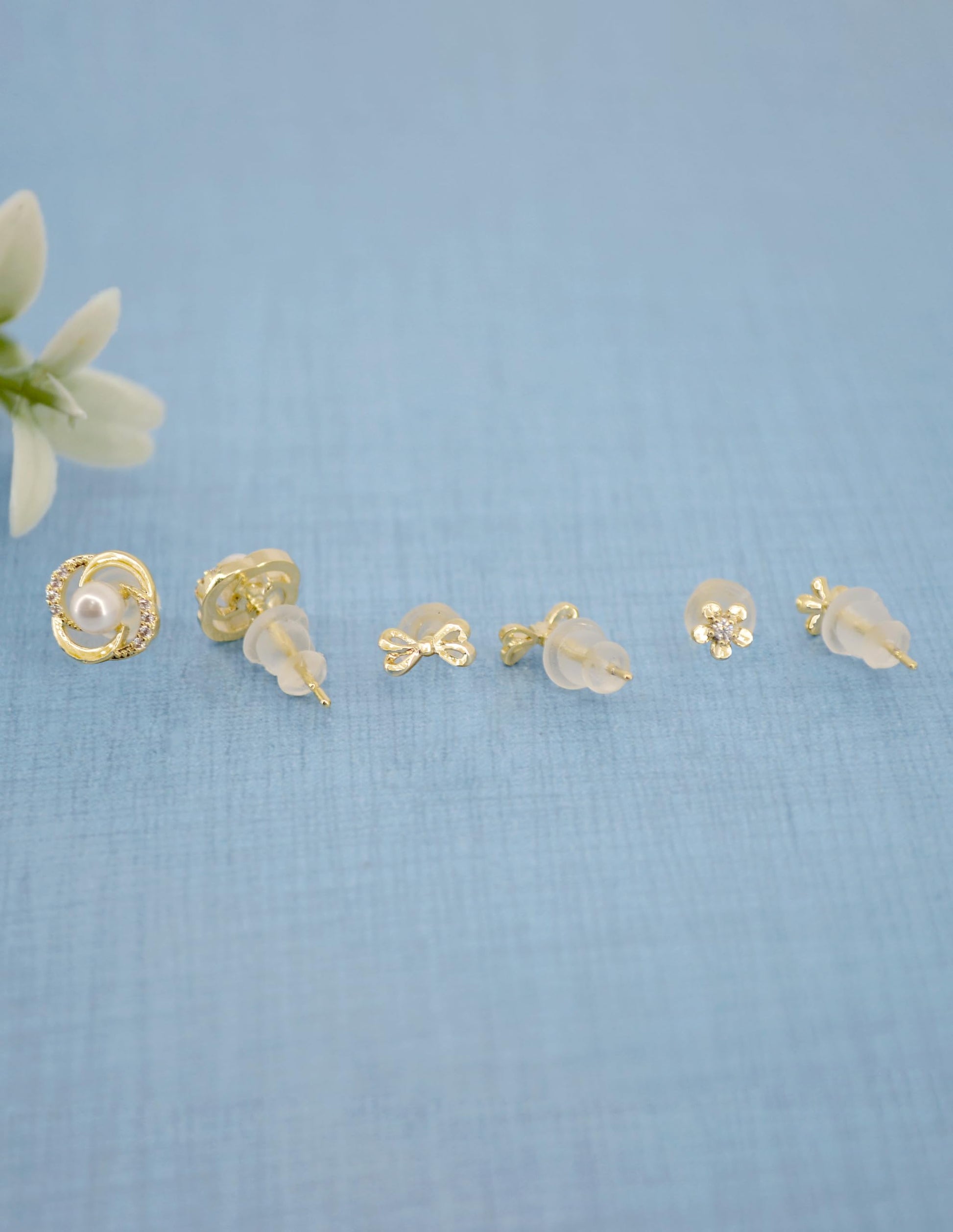 Saloni Fashion Jewellery Trendy Flower and Round Shape CZ Pearl Brass Gold Plated Set of 3 Combo Stud Earring For Women and Girls